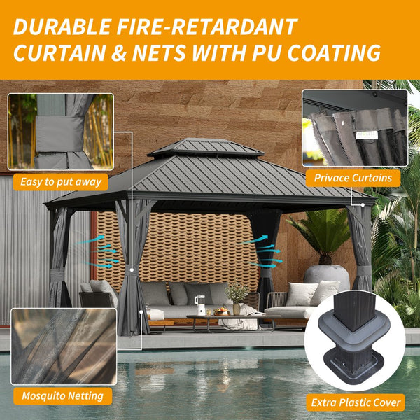 English Elm 12' Hardtop Gazebo with Built-In Drainage, Dual-Layer Galvanized Roof, Curtains & Mosquito Mesh Protection Gray W1859S00141