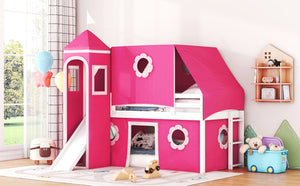 English Elm Twin Castle Loft Bed with Slide Tent Tower and Play Space for Kids Rooms Pink N708P249511H