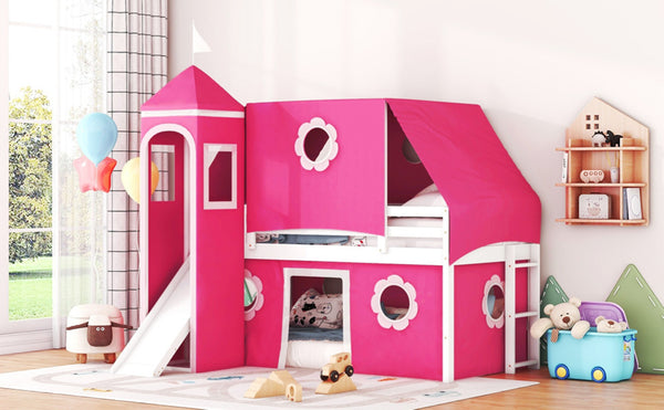 English Elm Twin Castle Loft Bed with Slide Tent Tower and Play Space for Kids Rooms Pink N708P249511H