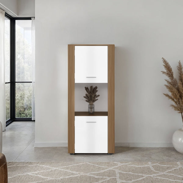 English Elm Natural Oak Two-tone Vertical Cabinet with Open Shelving for Modern Compact Spaces B062P476869