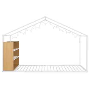 English Elm Twin House Bed Frame with Shelves & Built-In Lights, Metal-Wood Design for Creative Kids' Rooms White N737P176708K