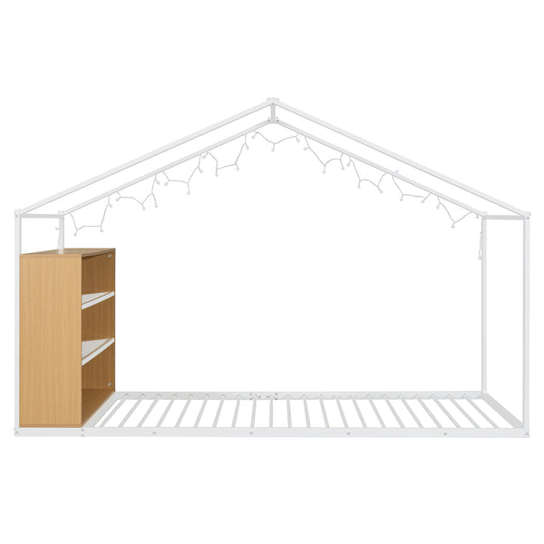 English Elm Twin House Bed Frame with Shelves & Built-In Lights, Metal-Wood Design for Creative Kids' Rooms White N737P176708K