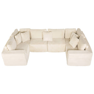 English Elm 135.5" Beige Corduroy U-shaped Sectional Six-seater with Reversible Chaise for Living Rooms W3276S00019