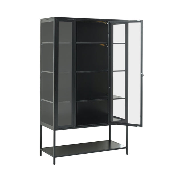 English Elm 67.25'' Tall Steel Curio Cabinet with Led Lighting and Tempered Glass Panels Black SN845P263995B