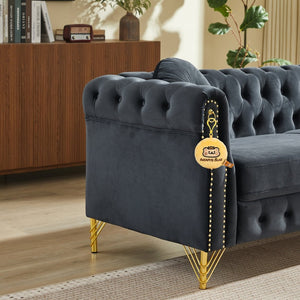 English Elm Velvet Chesterfield Tufted Sofa with Copper Stud Trim and Gold Legs for Glam Living Black W834S00625