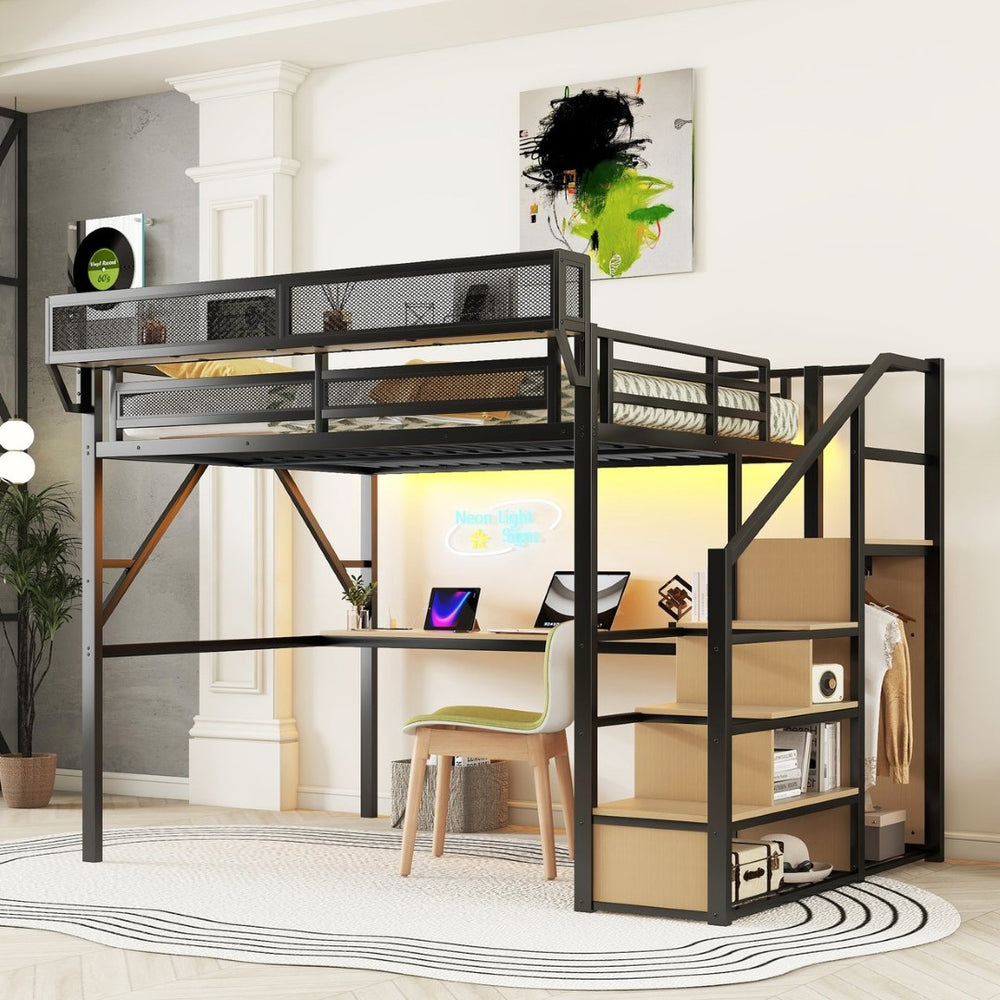 English Elm Queen Metal Loft Bed with Desk Stairs Rgb Lighting and Built-in Charging Station W2580S00053