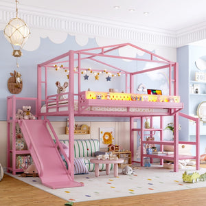 English Elm Twin Metal Loft Bed with Built-in Wardrobe Storage Stairs Led Lights and Usb Ports W5316S00048