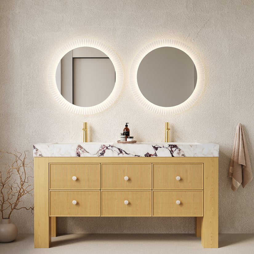 English Elm LONIS 60" Viola Calacatta Purple Sintered Stone Vanity with Double Ceramic Basins, 6-Drawer Oak W2615P279361
