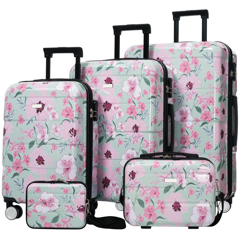 English Elm 6 Piece Hardshell Abs Travel Set with Spinner Wheels Combination Lock and Toiletry Bag Green & Pink Flower N732P391160F