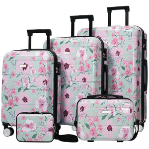 English Elm 6 Piece Hardshell Abs Travel Set with Spinner Wheels Combination Lock and Toiletry Bag Green & Pink Flower N732P391160F
