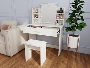 English Elm One drawer dresser table Ancient White Vanity with Stool, Adjustable Mirror, Compact Elegant Makeup Station W2139P306364
