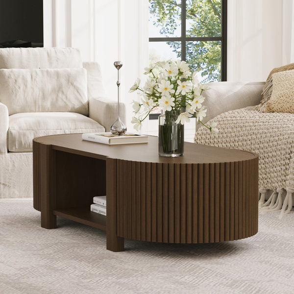 English Elm Oval Fluted Rubberwood Coffee Table with Open Storage Shelf for Living Room Walnut N735P369880D