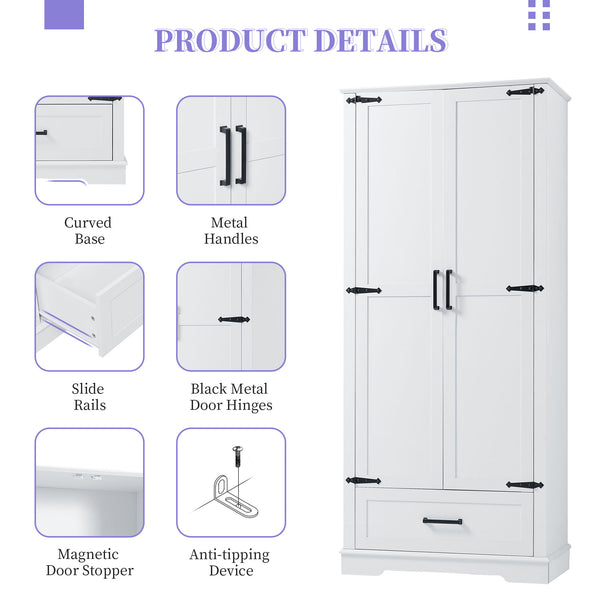 English Elm Tall Bathroom Storage Cabinet — Slim 72.64" White MDF Organizer with 2 Doors, Drawer, Adjustable Shelves, Anti-Tip WF326355AAK