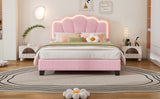 English Elm Full Size Upholstered Flower-Shape Bed, Elegant Flowers Headboard With Led Light Strip ,Sherpa Fabric Platform Bed With Wooden Slats Support, Pink