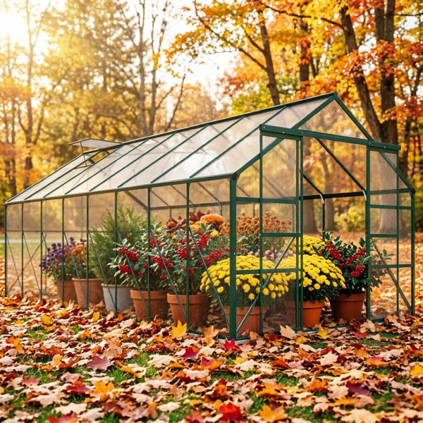 English Elm Outdoor Walk-in Aluminum Polycarbonate Greenhouse Kit with Roof Vent and Rain Gutter T3971S00236