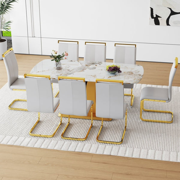 English Elm Table 9-Piece Luxurious Dining Set With Golden Legs, Stunning Pandora Glass Top & 8 Gray Pu Chairs W1151S03238-GIGA