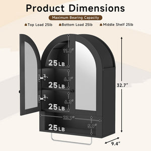 English Elm Wall Mounted Arched Cabinet Tempered Glass Doors Led Lighting Adjustable Shelves Bathroom Black T3210P471557