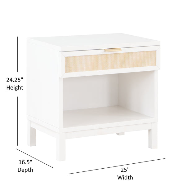 English Elm Blake Coastal Cane 1-Drawer Nightstand in White Solid Wood with Open Shelf, Gold Pull, 28.25"L B050P376944