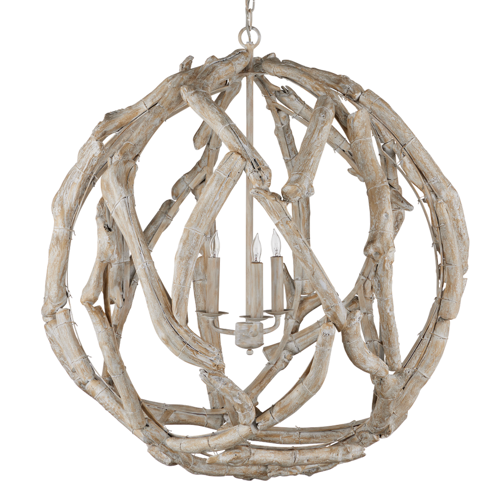Driftwood Whitewash Orb Chandelier - Coastal Elegance in Natural Driftwood, Adjustable Height Design