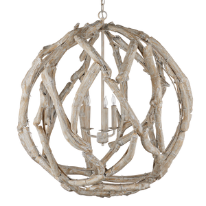 Driftwood Whitewash Orb Chandelier - Coastal Elegance in Natural Driftwood, Adjustable Height Design