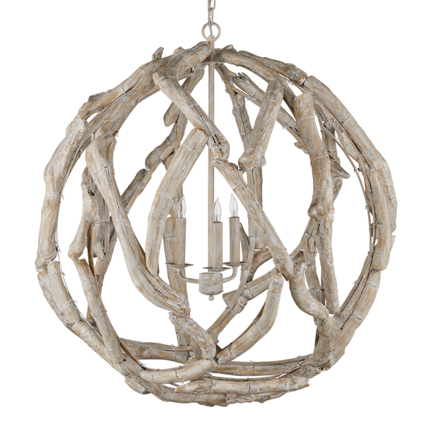 Driftwood Whitewash Orb Chandelier - Coastal Elegance in Natural Driftwood, Adjustable Height Design