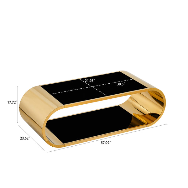 English Elm 57" Gold Stainless Oval Coffee Table with Black Tempered Glass, 2-Tier Storage, Modern Chic Design W3456S00027