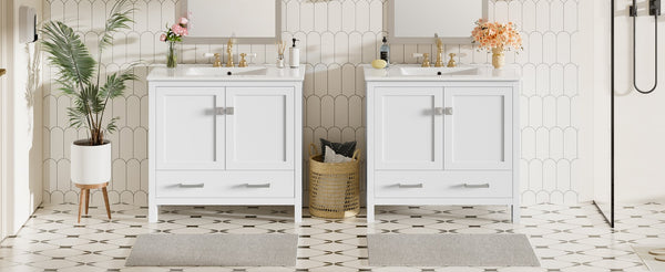 English Elm 72" White Bathroom Vanity Set with Dual Ceramic Sinks, Soft-Close Doors, Divided Drawers & Ample Storage, Solid Wood Frame, Easy Plumbing Access N729P000006K