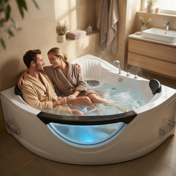 English Elm 59" Corner Whirlpool Tub for Two with Chromatherapy Jets and Blue Glass Panel W3605P361167
