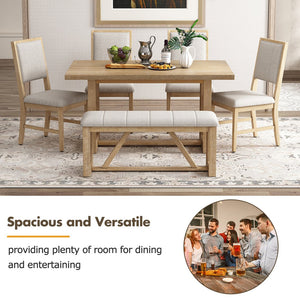 English Elm TREXM Retro 6-Piece Dining Set with Trestle Table, Upholstered Chairs & Bench for Cozy Gatherings Natural ST000124AAN