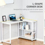 English Elm Homcom Industrial L-Shaped Computer Desk With 2 Side Shelves and Steel Frame, Corner Desk, Study Workstation For Home Office, White