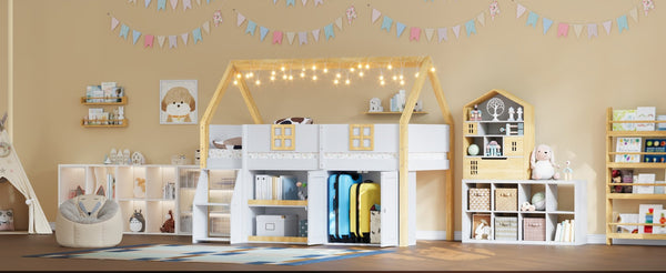 English Elm Twin-size Pine Low Loft Bed with House Canopy Step Stairs Storage Cabinet Led Lights N7090005033K