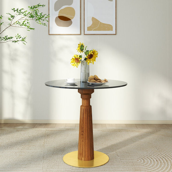 English Elm Modern Round Dining Table, 33.5" Glass Top With Stylish Wooden Legs & Gold Base For Compact Spaces W1535S00571