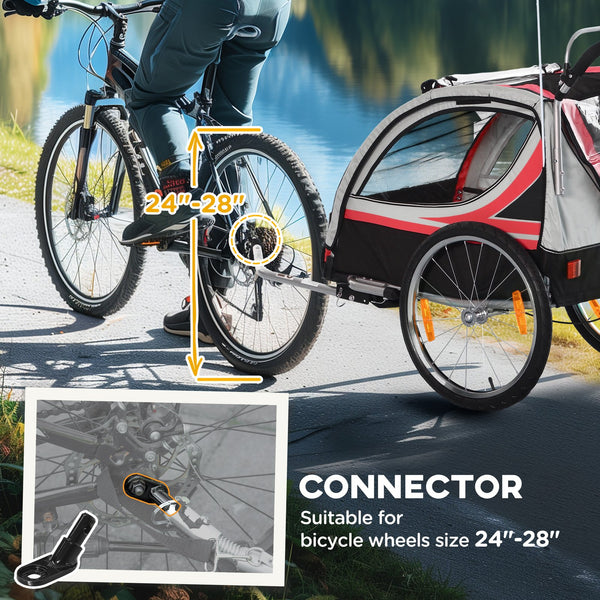 English Elm Aosom 2-in-1 Walk Ride Kids Bike Trailer & Stroller, 2-Seat Weatherproof Wagon with Flag, Red W2225P216990