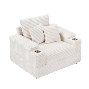 English Elm This Corduroy Single Seat Armchair with Storage Ottoman and Built-in Cup Holders White W1278S00078