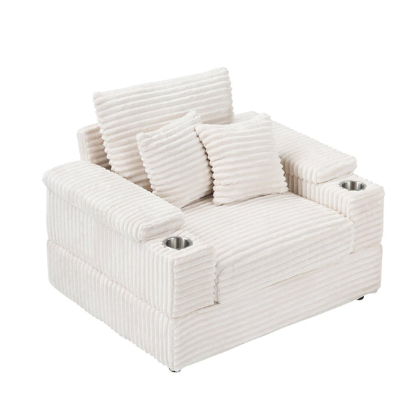 English Elm This Corduroy Single Seat Armchair with Storage Ottoman and Built-in Cup Holders White W1278S00078