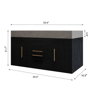 English Elm 39.4 Modern Floating Bathroom Vanity with Armani Grey Sintered Stone Top, Ceramic Sink & Storage Elegance W3136S00024