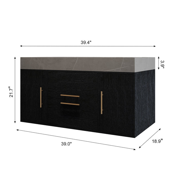 English Elm 39.4 Modern Floating Bathroom Vanity with Armani Grey Sintered Stone Top, Ceramic Sink & Storage Elegance W3136S00024