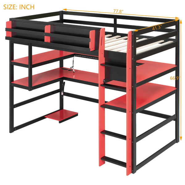 English Elm Twin Loft Bed with Rgb Lighting Usb Ports Wraparound Shelves and Gaming Desk Red LT000298AAJ