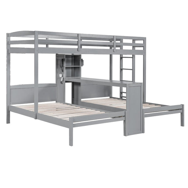 English Elm Twin Triple Bunk Bed with Built in Desk Open Shelving and Led Task Lighting Gray N7090002243E
