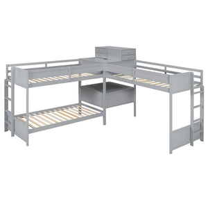 English Elm Twin L-shaped Bunk Bed Pine Wood Corner Design with Desk Drawers and Usb Charging Gray N820S00079E