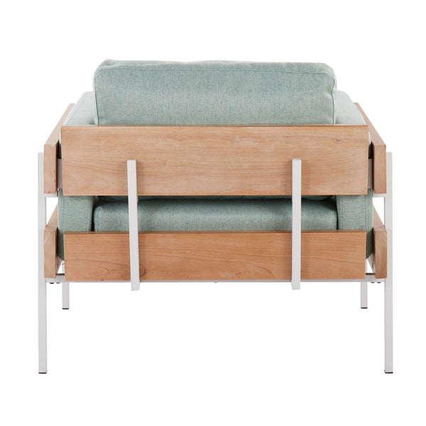 English Elm Kari Farmhouse Accent Chair with White Metal Frame, Natural Wood Panel and Plush Light Fabric Cushions Green B202S01296