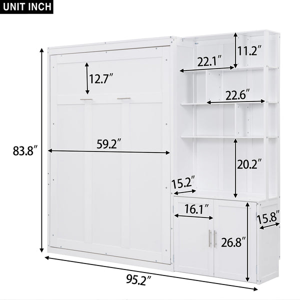 English Elm Full Full Size Murphy Bed with Hidden Cabinet, Multiple Shelves, Space-Saving White Design, 600lb Capacity GX000383AAK
