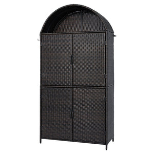 English Elm K&k Tall Arched Pe Rattan Outdoor Storage Cabinet with Adjustable Shelves and Steel Frame Brown+Black N707P420158D