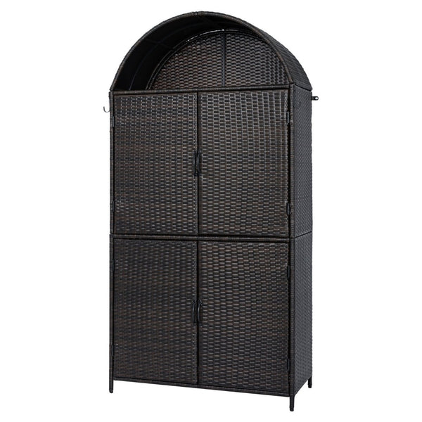 English Elm K&k Tall Arched Pe Rattan Outdoor Storage Cabinet with Adjustable Shelves and Steel Frame Brown+Black N707P420158D