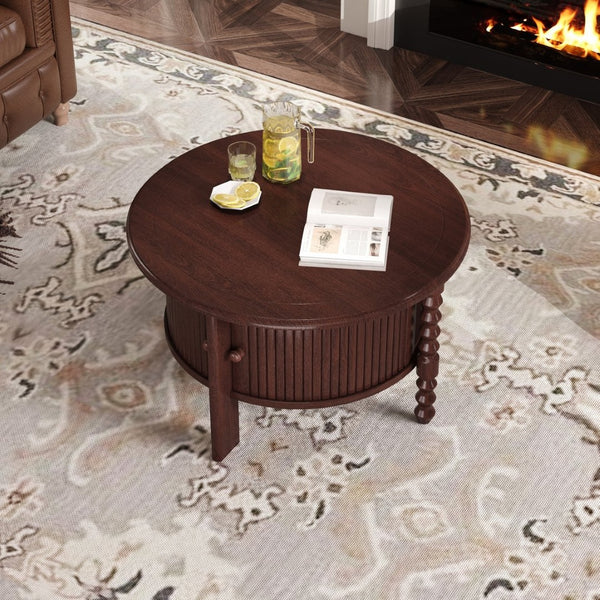 English Elm Vintage Round Coffee Table With Hidden Storage - Mid Century Modern Accent Table For Small Spaces N735P277387D-GIGA