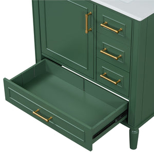 English Elm Traditional 30" Bathroom Vanity with Ceramic Basin, Soft-Close Door & Drawers, Gold Handles, Durable Wood Finish Green N729P184479F