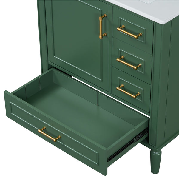 English Elm Traditional 30" Bathroom Vanity with Ceramic Basin, Soft-Close Door & Drawers, Gold Handles, Durable Wood Finish Green N729P184479F