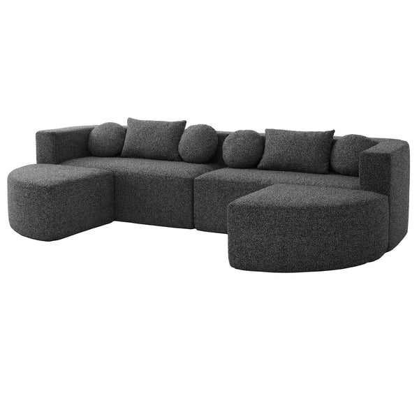English Elm Boneless Modular Sectional Sofa with Curved Ends, Deep Bouclé Seating, Convertible Sofa Bed & Pillows for Living Room Black N719S002120B