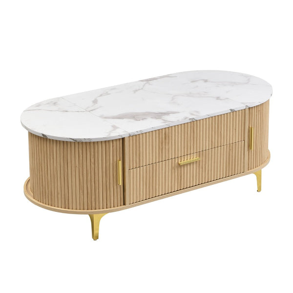 English Elm Modern Mid-century Coffee Table Tambour Doors Open Shelves Warm Wood Living Room Gold,Natural,White N770P333549N