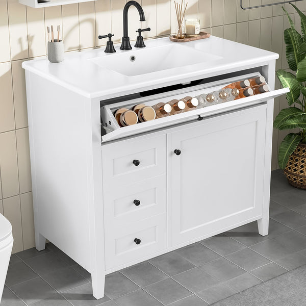 English Elm 36-Inch White Bathroom Vanity With Sink, Modern Mdf & Rubberwood, 3 Drawers & Adjustable Shelf Storage N725P350821K